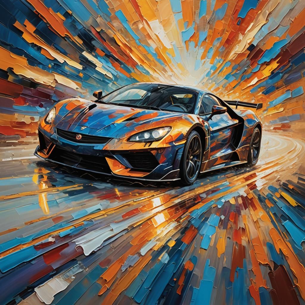 Supercar Speeding: Expressionist Impasto Oil Painting