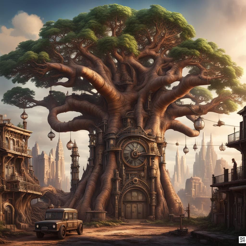 Steampunk Metropolis Amidst a Majestic Baobab