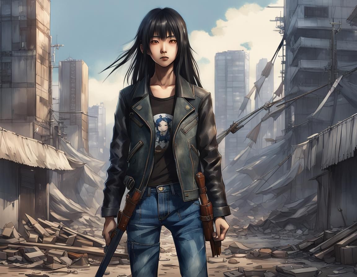 Post-Apocalyptic Anime Warrior in Ruined City