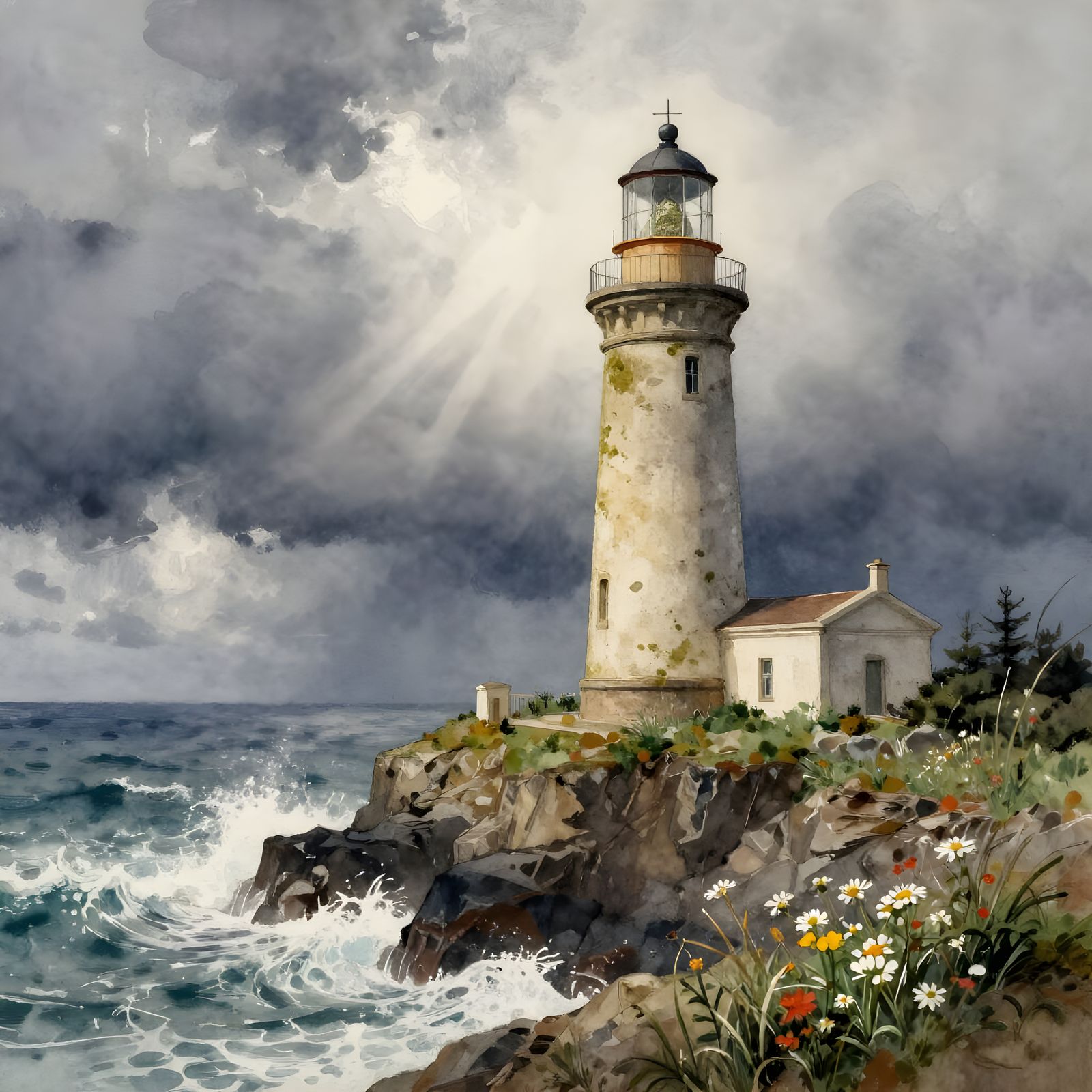 Ancient Lighthouse on Stormy Cliff in Watercolor Style