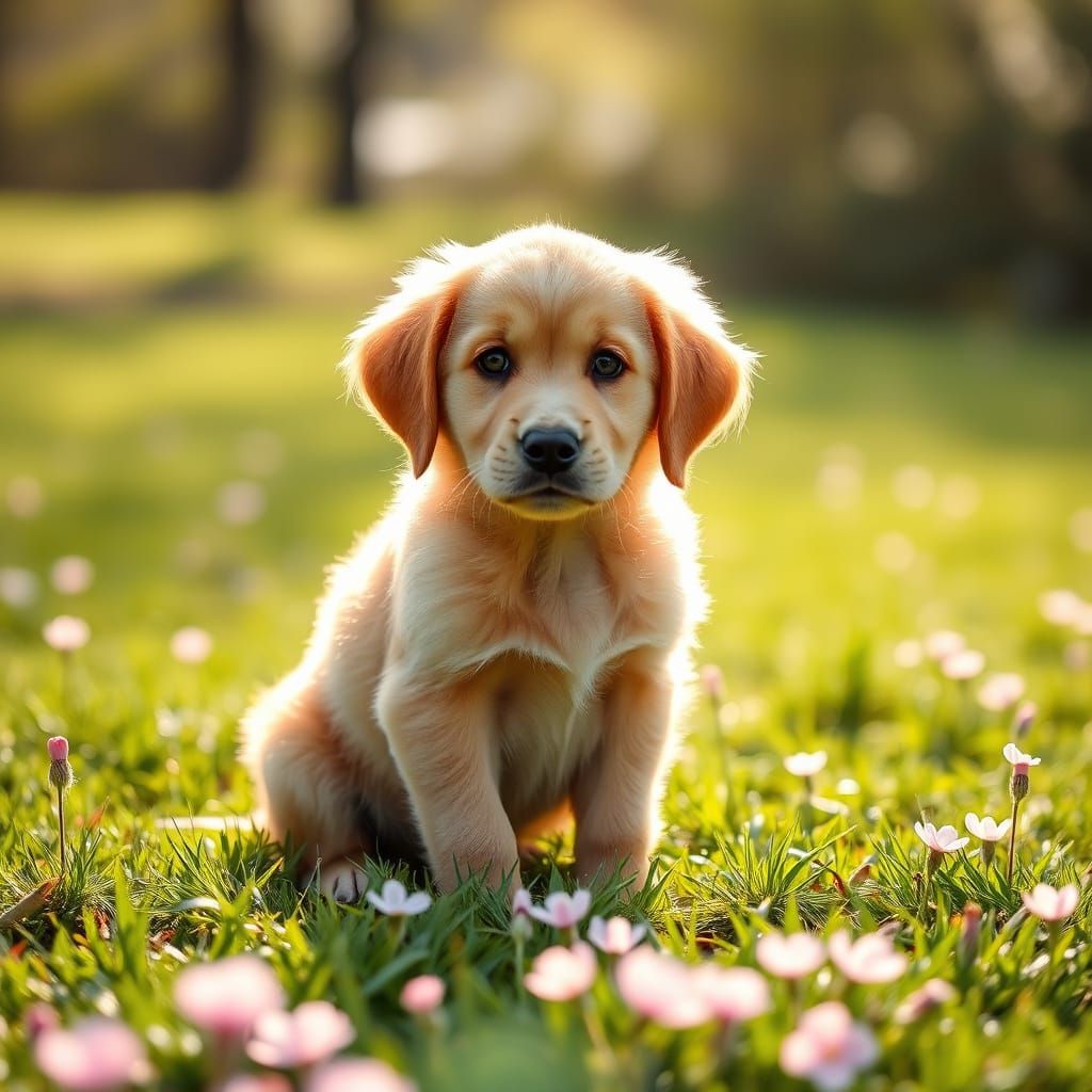 Golden Retriever Puppy in Sunlit Meadow Nature Photography