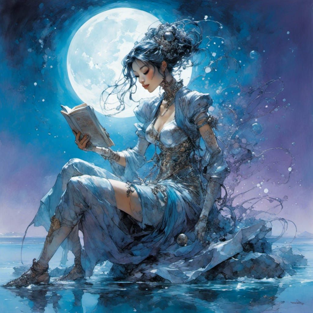Japanese Robotic Woman Reading in Moonlight: Anime Style