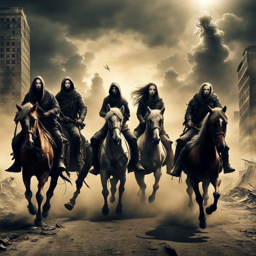 Apocalyptic Horsemen Ride from Ruined City