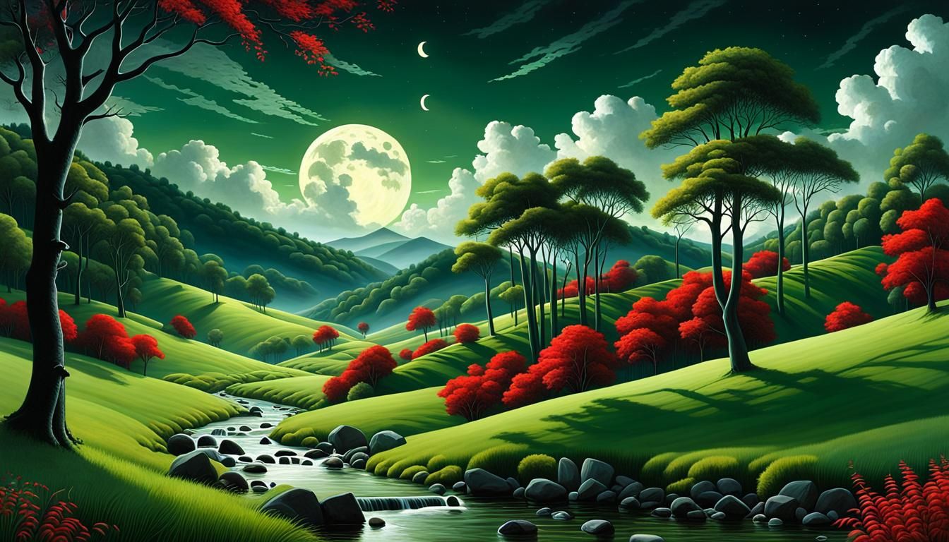 Magical Moonlit Landscape in Abstract Style