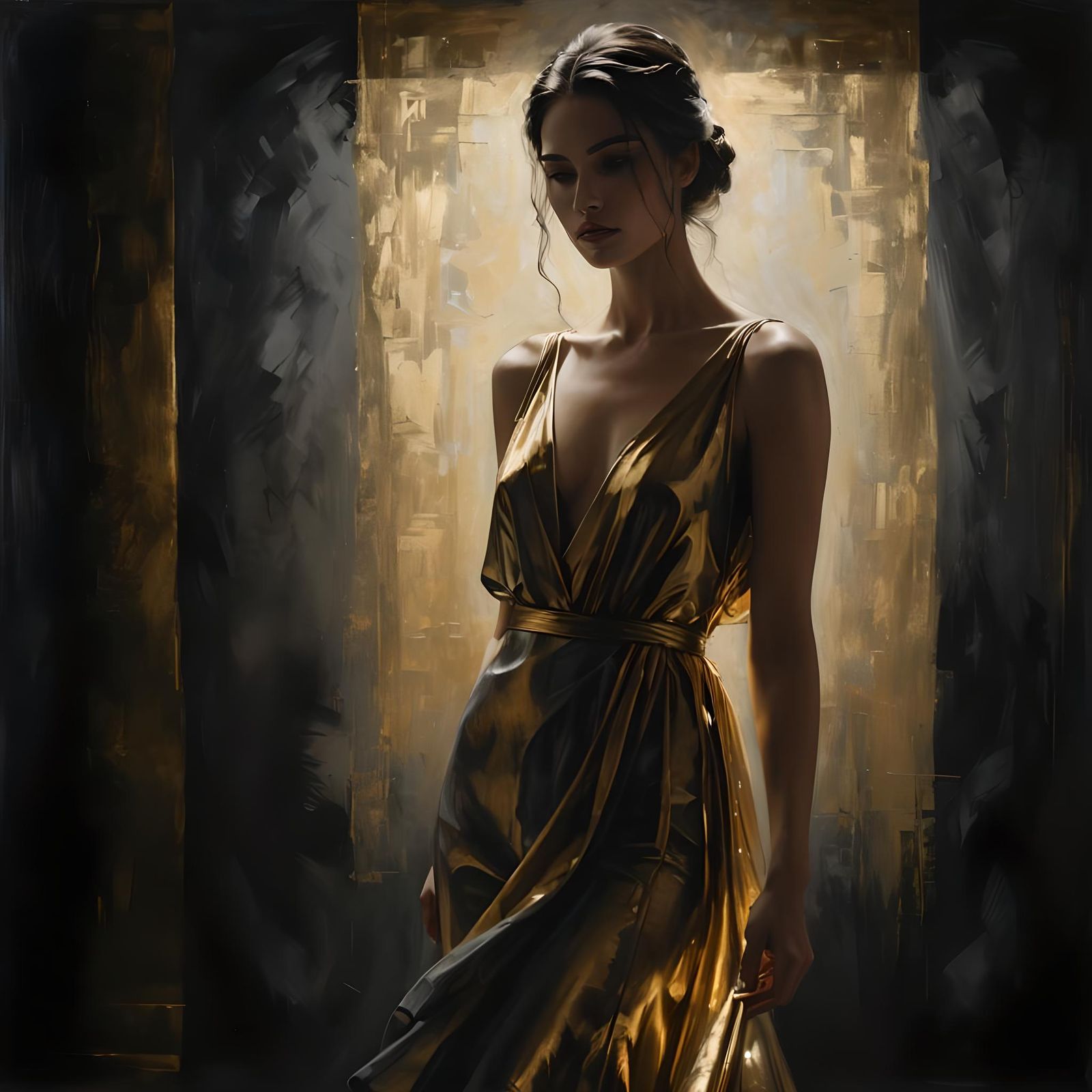 young woman in golden dress