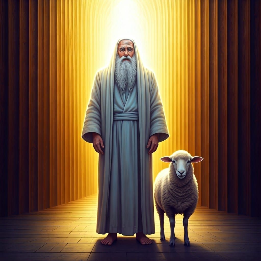 Jewish Man with Sheep in Golden Room, Hyperrealistic