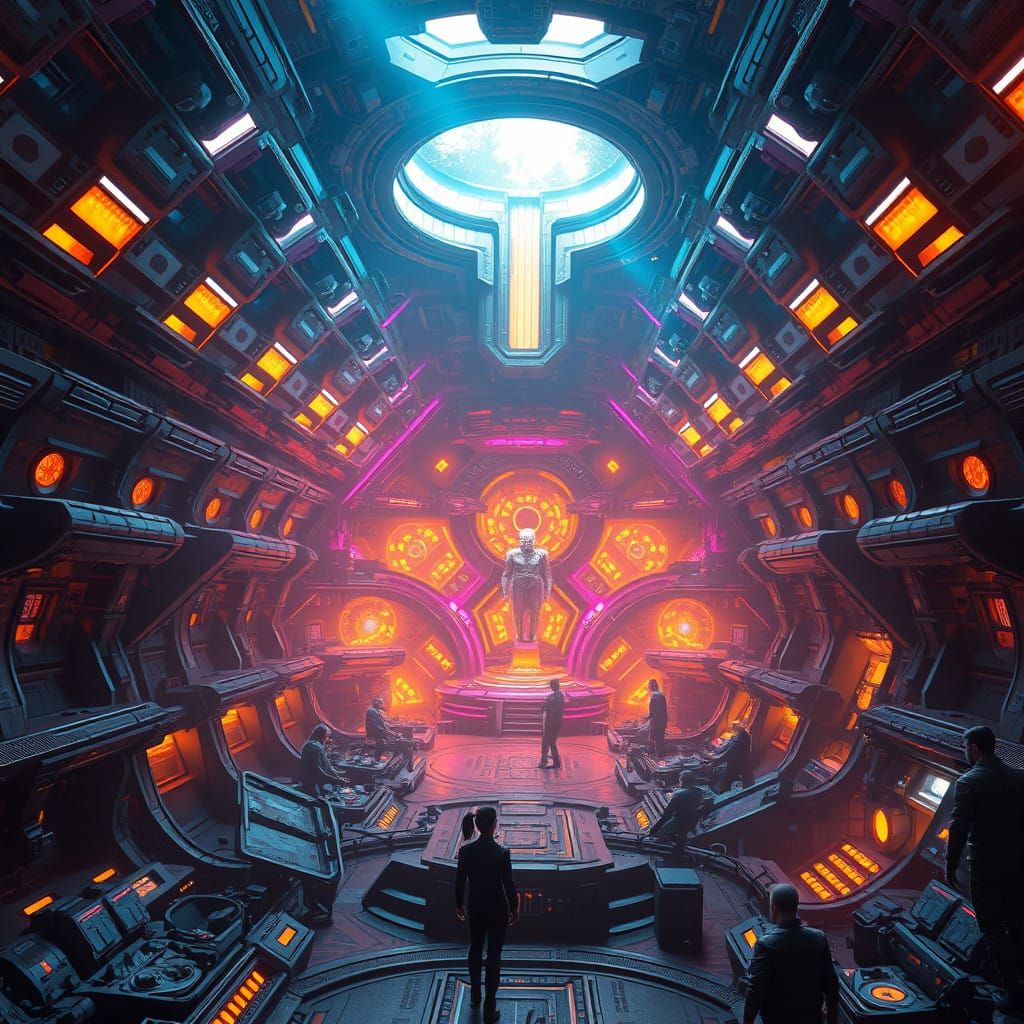 Cyberpunk Space Station Interior in Vibrant Dark Fantasy Sty...