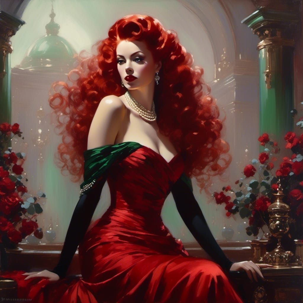 1940s Noir Femme Fatale Portrait in Green Dress