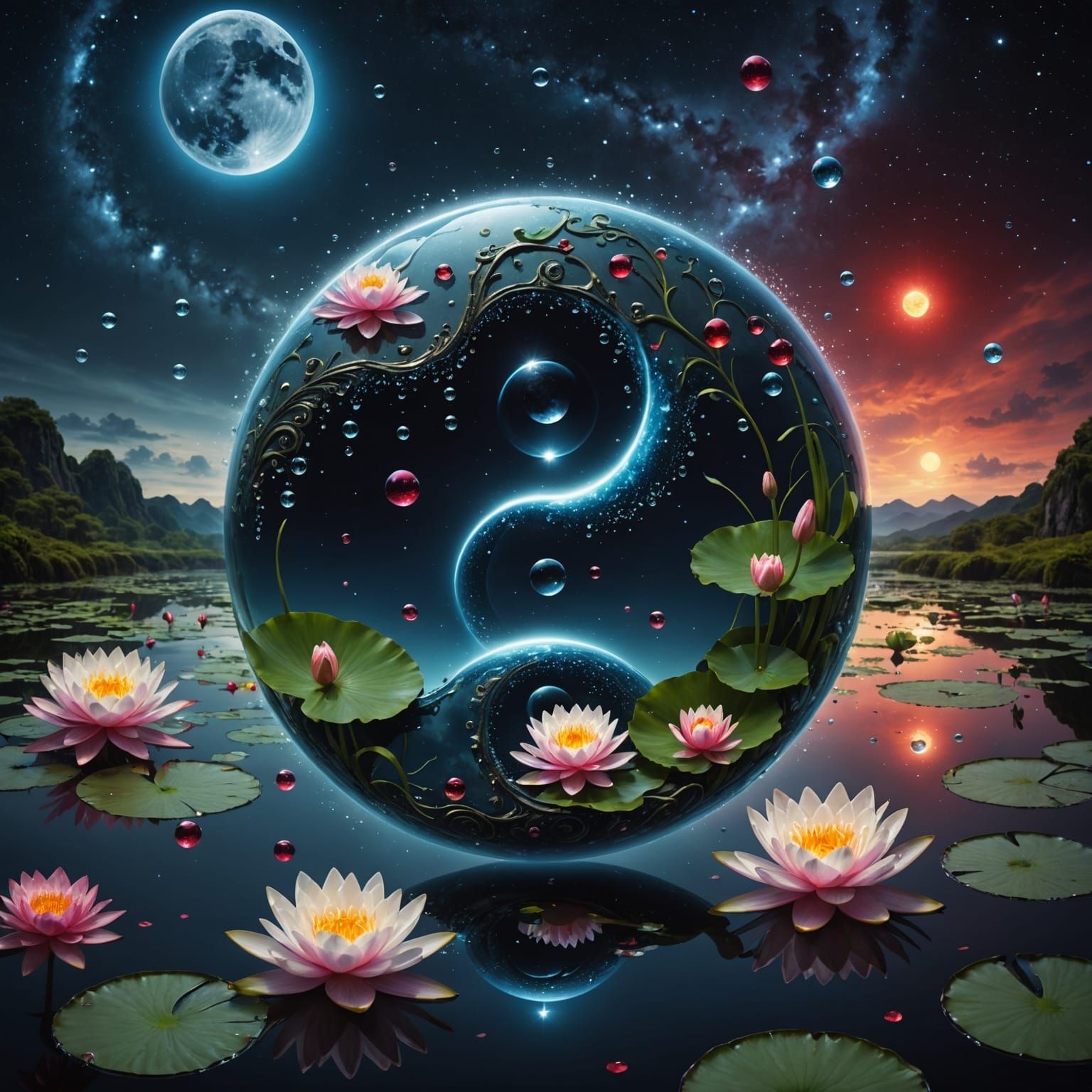 Epic Cinematic Yin Yang Night Sky with Waterlilies and Cryst...