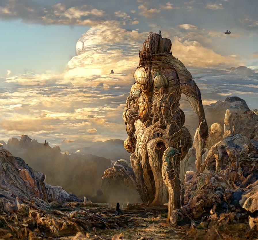 Cyborg Giant in Idyllic Landscape: Cel-Shaded Comic Art