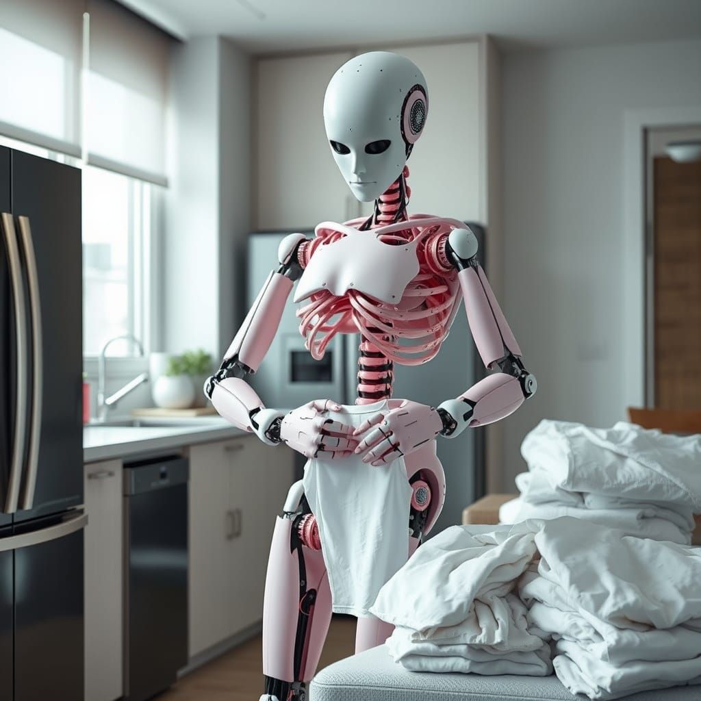 Humanoid Robot Folding Laundry in Futuristic Home