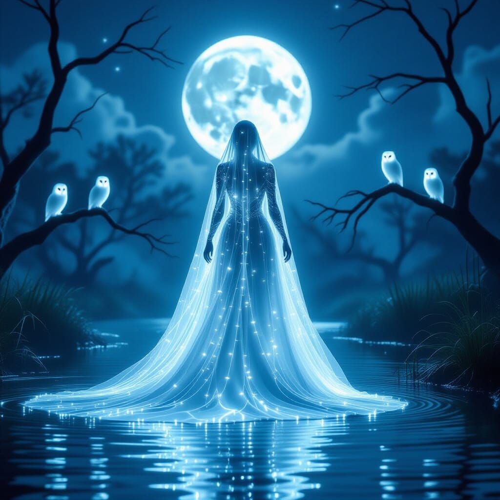Ghostly Woman of Light in Moonlit Swamp