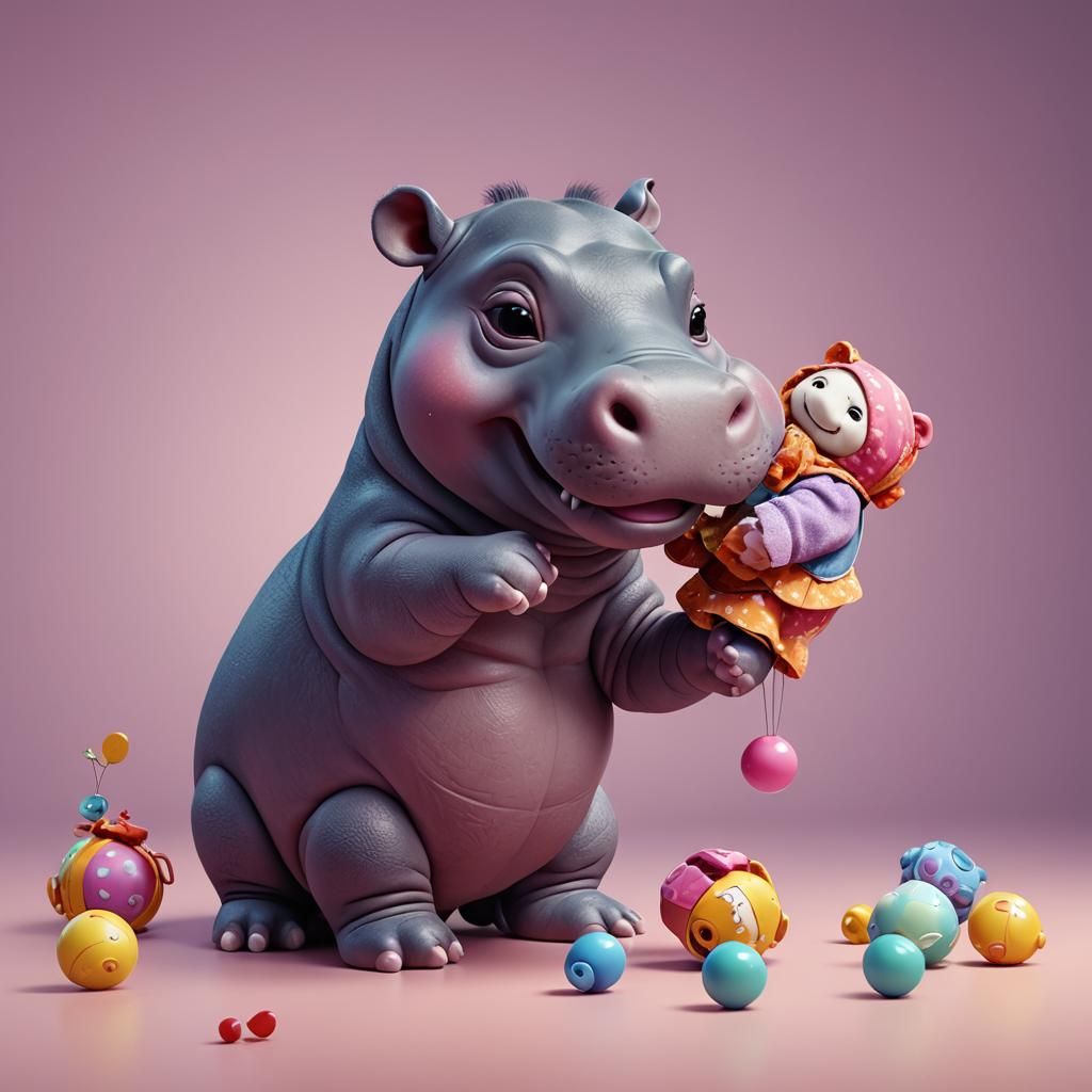 Baby Hippo Plays with Doll: 3D Digital Art