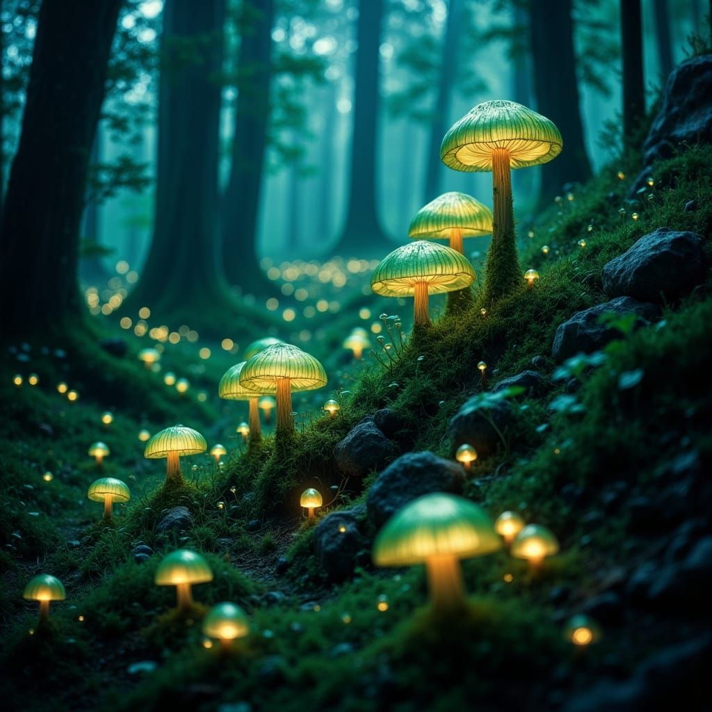 Mystical Bioluminescent Mushrooms in Ethereal Forest