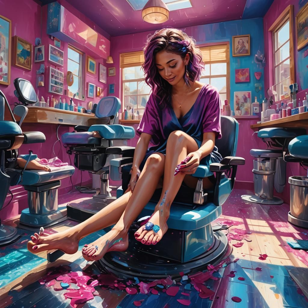 Messy Pedicure in Vibrant Salon: Digital Art
