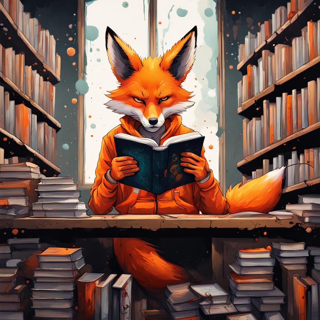 Orange Fox-Man Reading in Graffiti Art Style