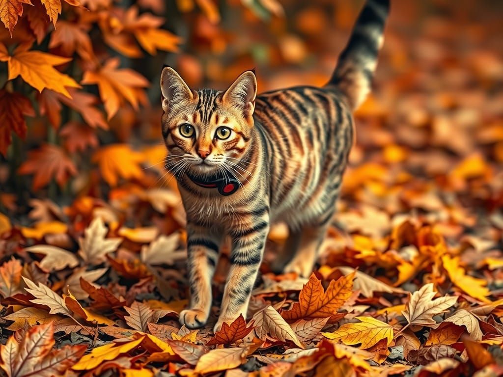 Bengali Cat Strolling Through Autumn Leaves