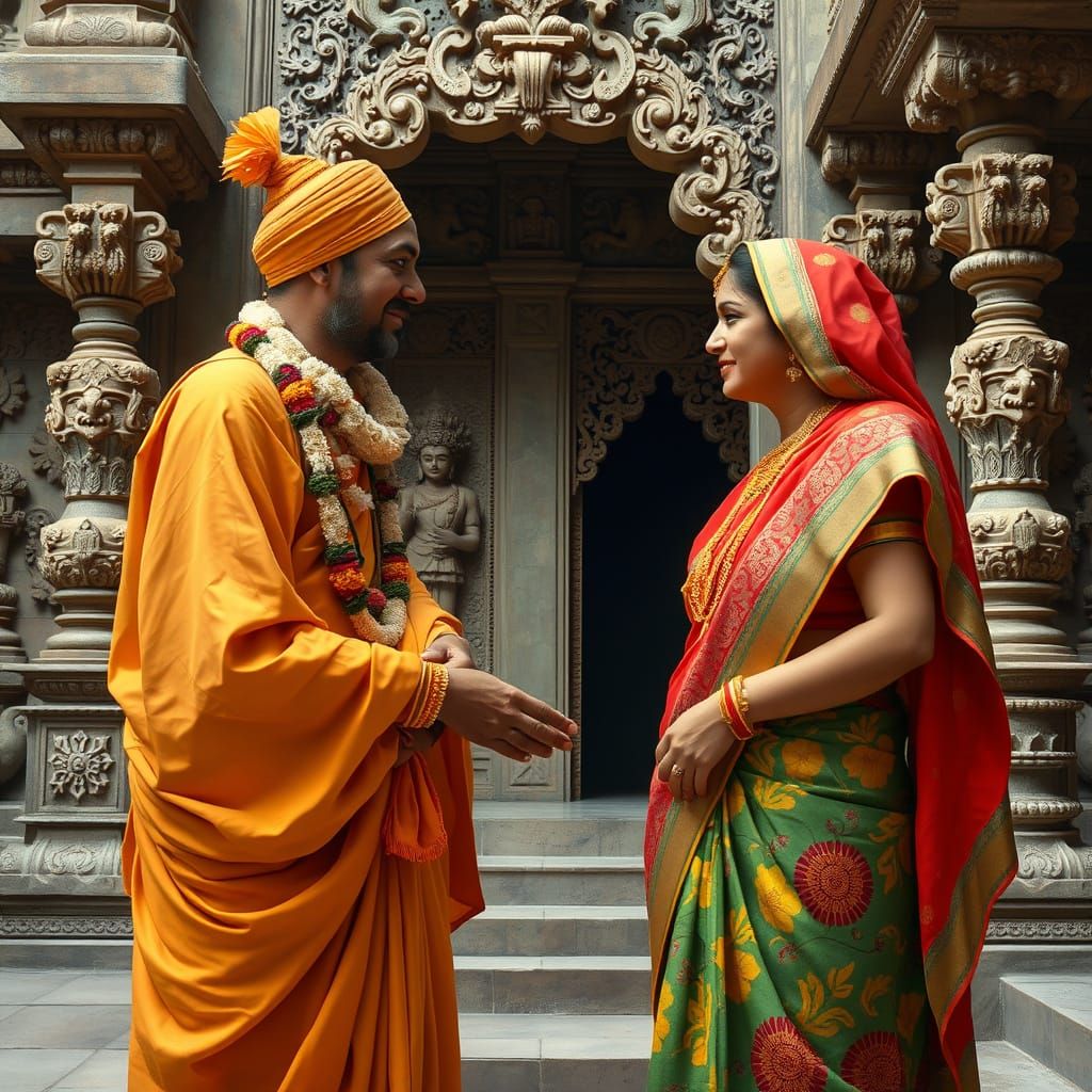Hindu Monk Greets Serene Sari-Wearing Woman in Temple