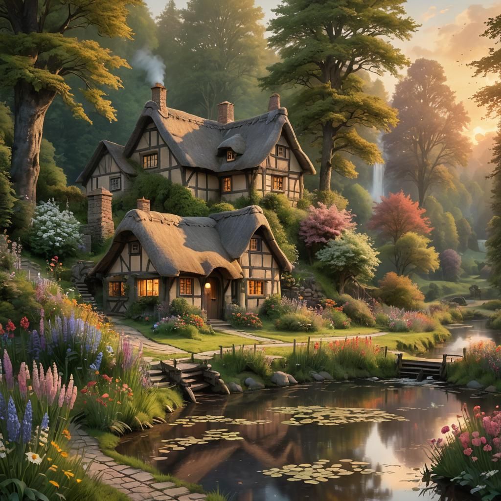 Sunset Cottage by Lake with Rowing Boat