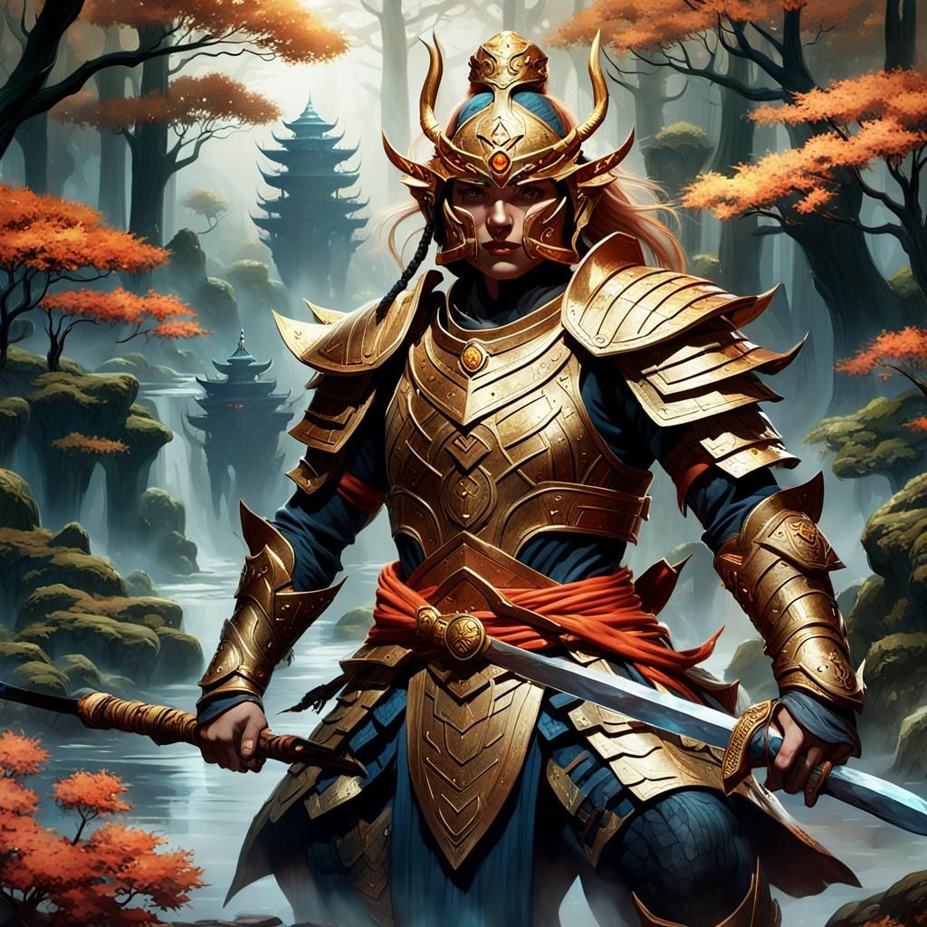 Warrior Woman in Mystical Forest Realm