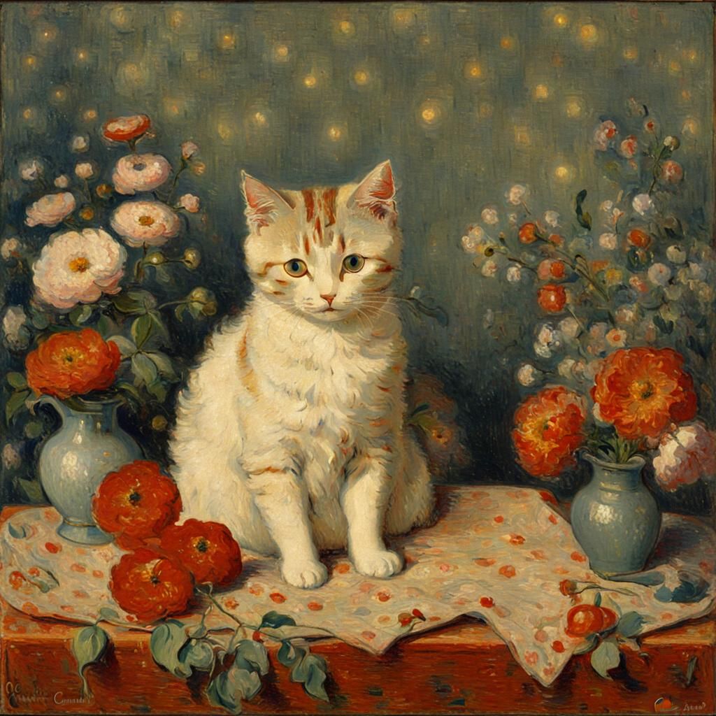 Cute Cat Surrounded by Flowers in Pointillist Style