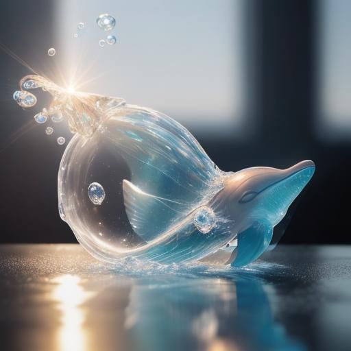 Crystal Dolphin Swimming in Bubbles