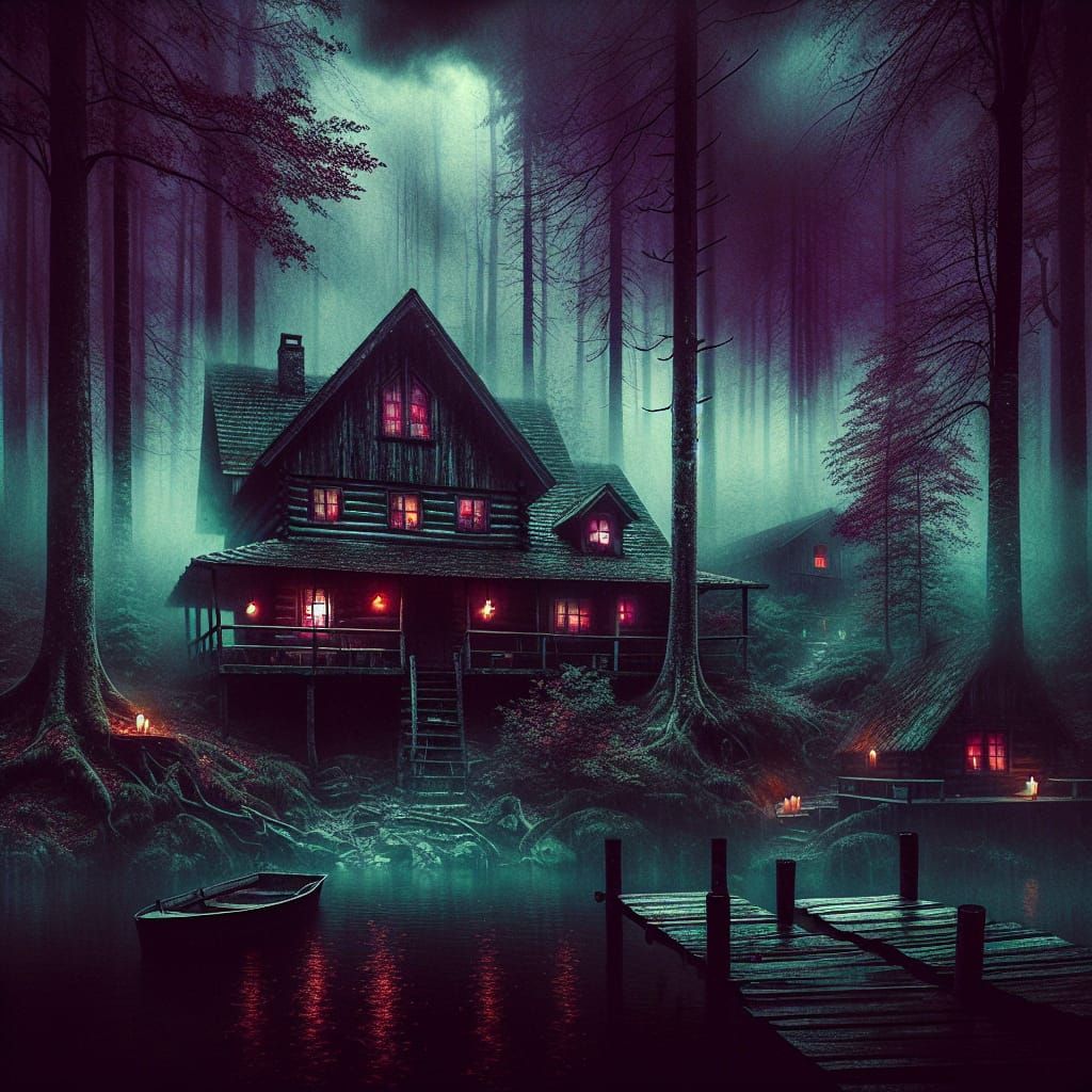 Ethereal Cabin in Gloomy Forest: Hyperrealistic Image