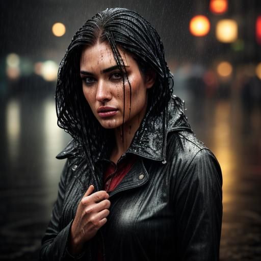 a beautiful girl soaked from the rain pouring down