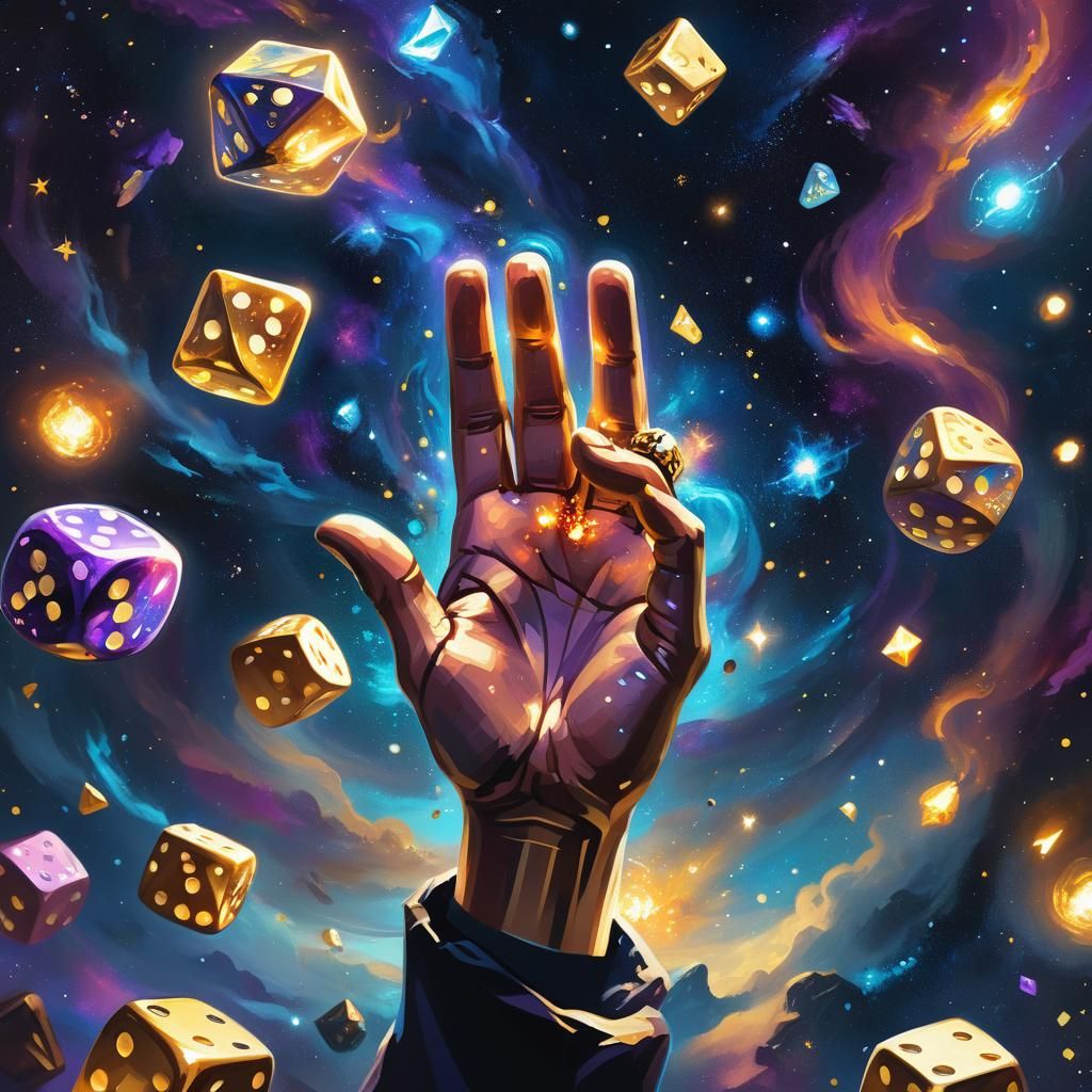 Cosmic Hand Tossing Dice in Art Nouveau Style