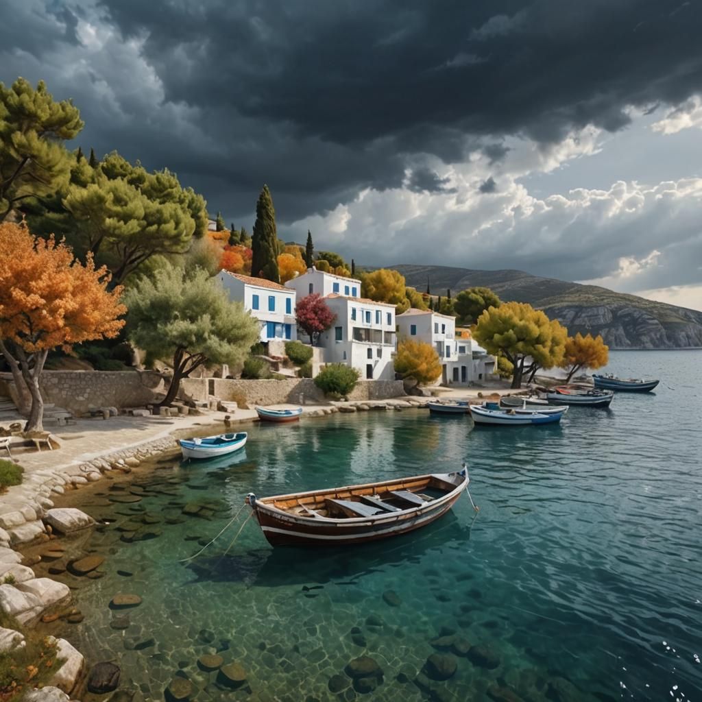 Greek Seaside Village in Autumn, Photorealistic Style