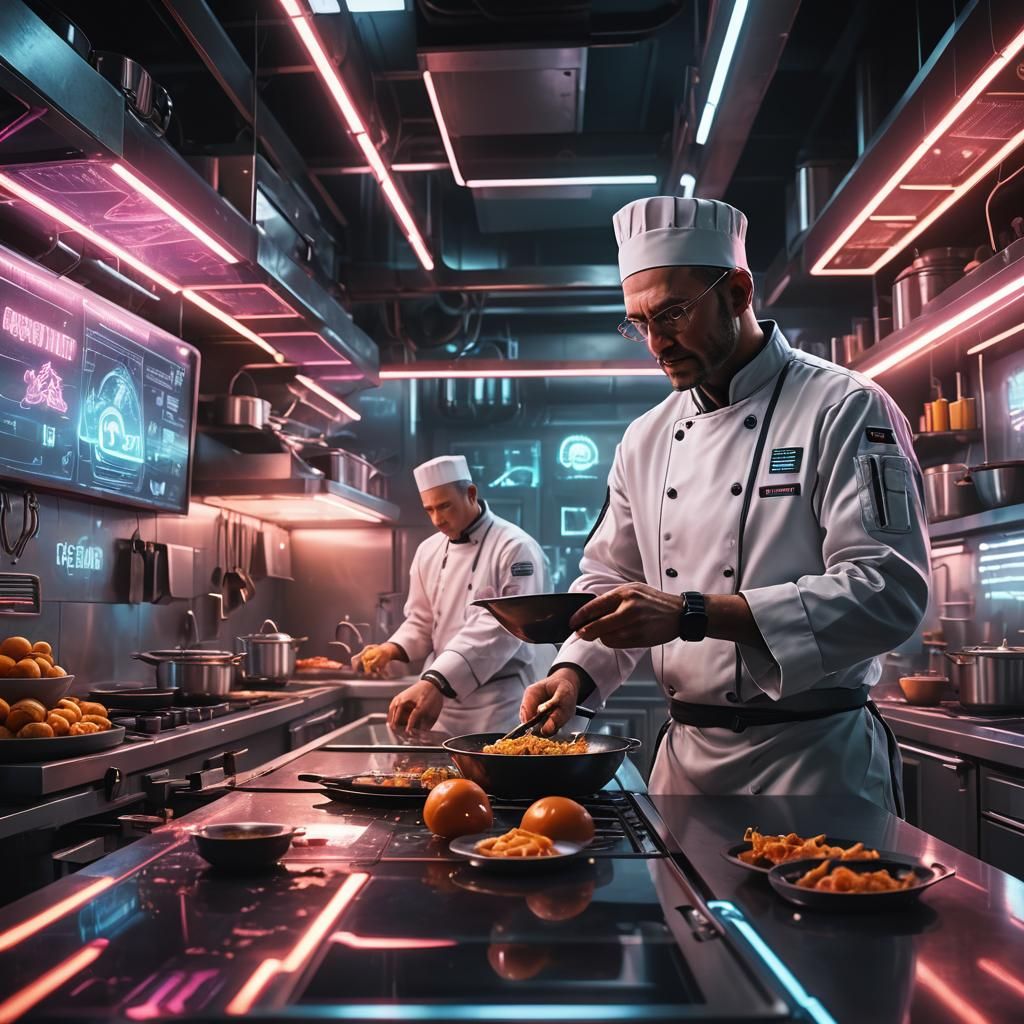 Cyberpunk Chef Cooks in Futuristic Neon Kitchen