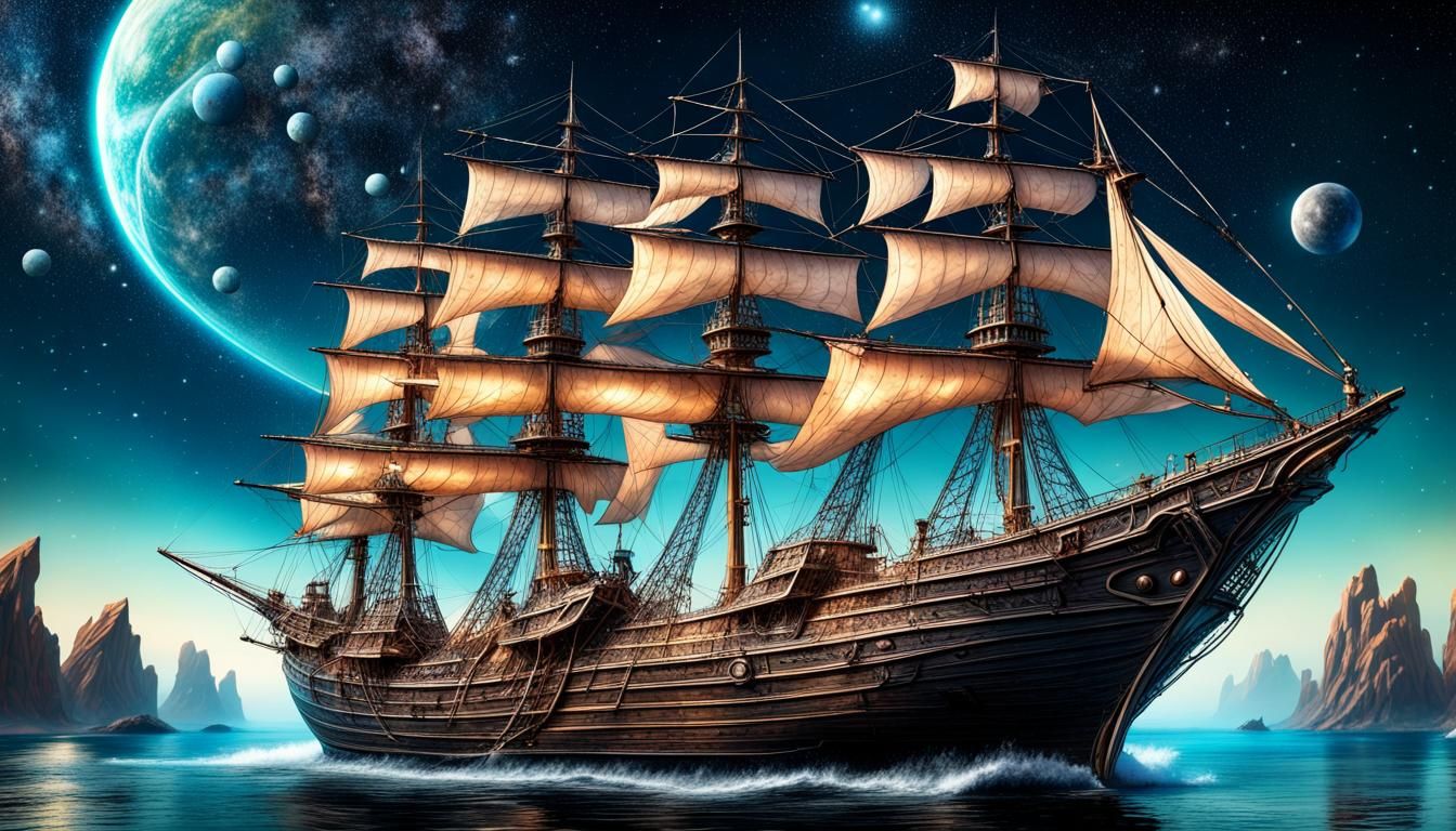 Ornate Sailing Ship on Alien Methane Ocean