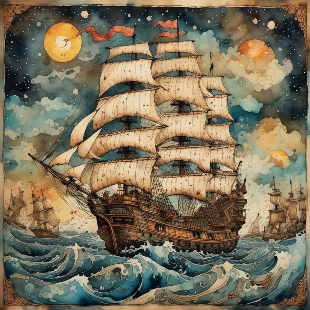 Quilted Ship Illustration in Watercolor and Ink