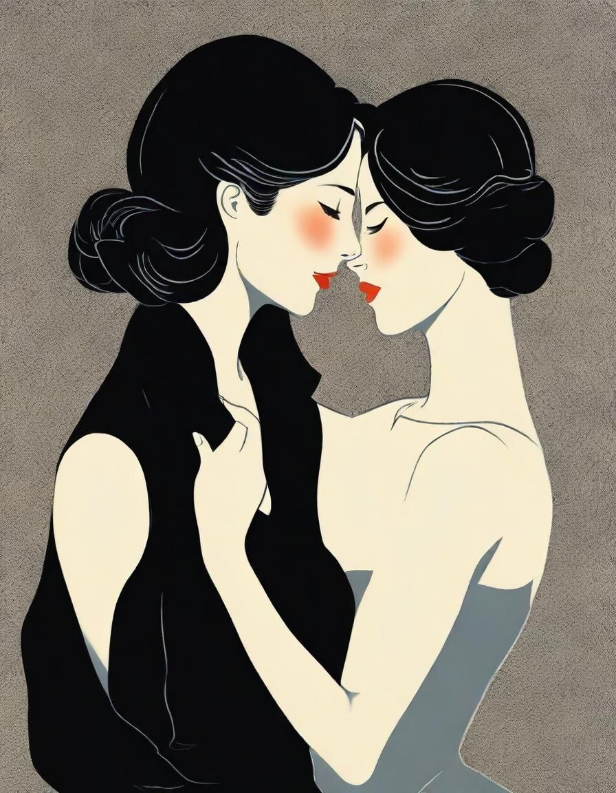 art by Takabatake Kasho, two beautifully elegant women tenderly hugging faces inches apart, breathing each other's air, ...