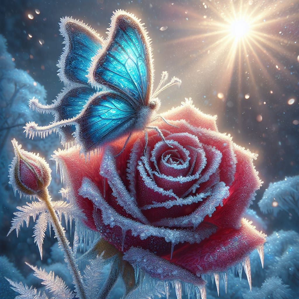 Oil Painting of Frosty Rose with Shimmering Butterfly
