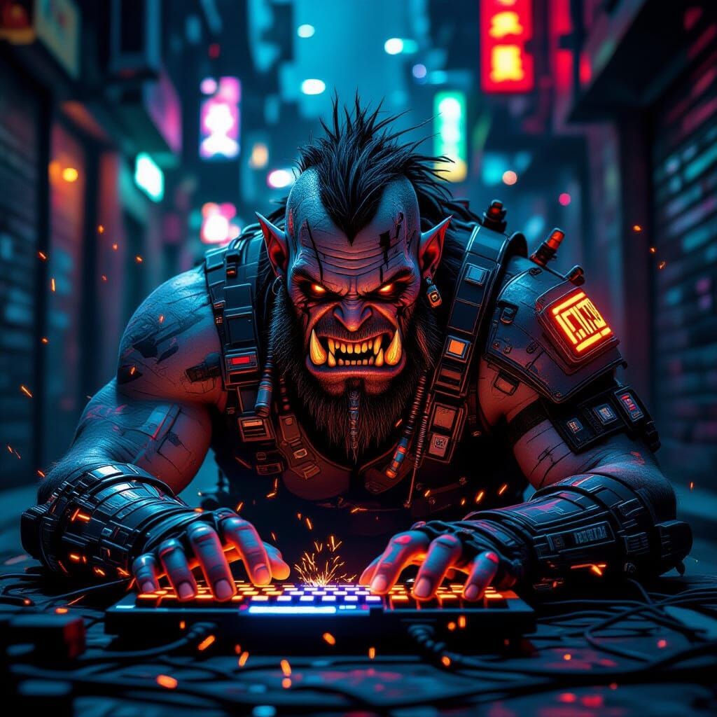 Cyberpunk Ork Hacker with Cybernetics in Neon Alley