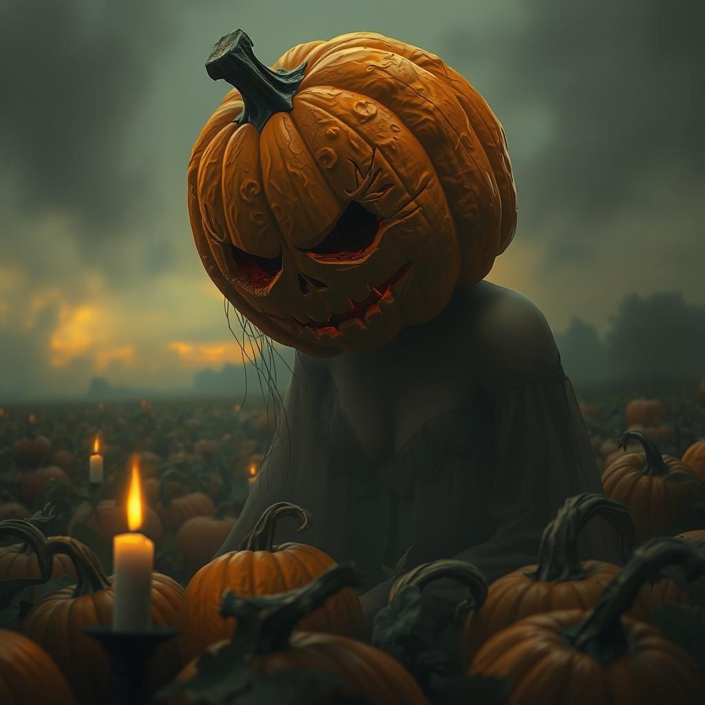 Hyperrealistic Pumpkin Woman Crying in Field