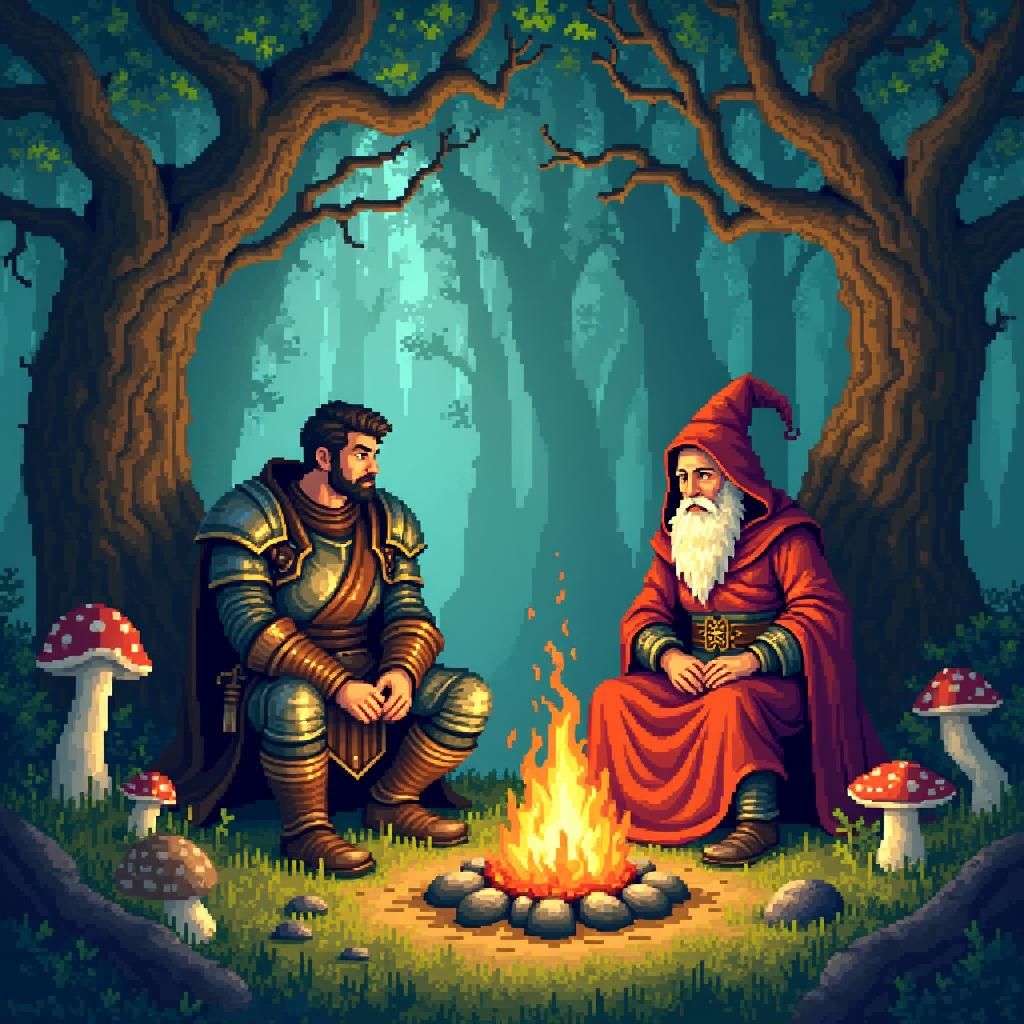 8-Bit Pixel Art: Adventurer and Wizard in Forest