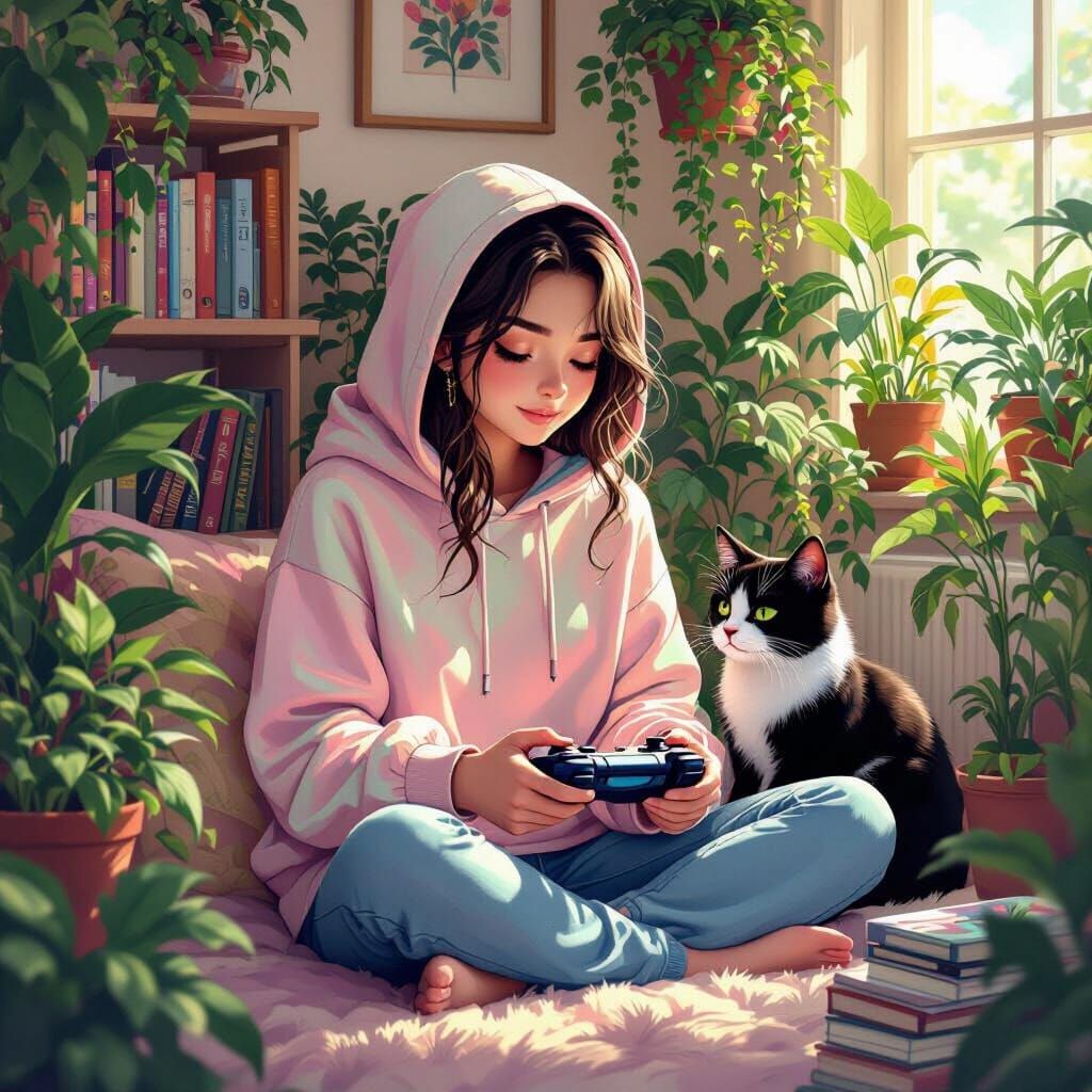 Girl Gaming with Cat in Lush Lofi Room
