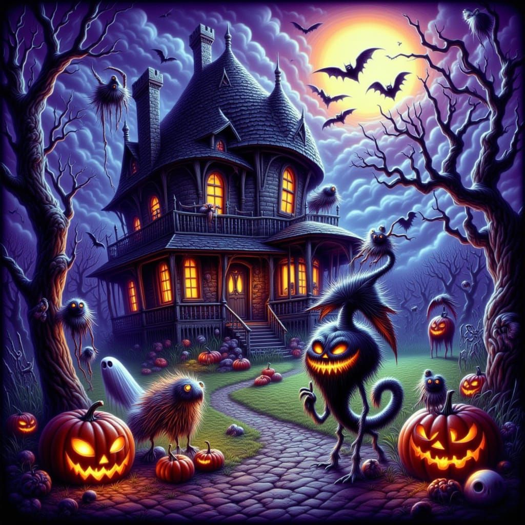Halloween Creature Hybrids Haunted House Full Moon Scene