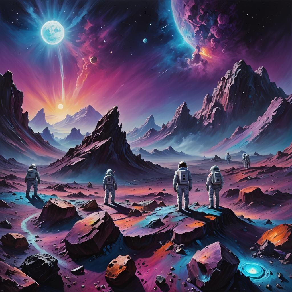 Surreal Astronauts on Asteroid in Panoramic Oil Painting