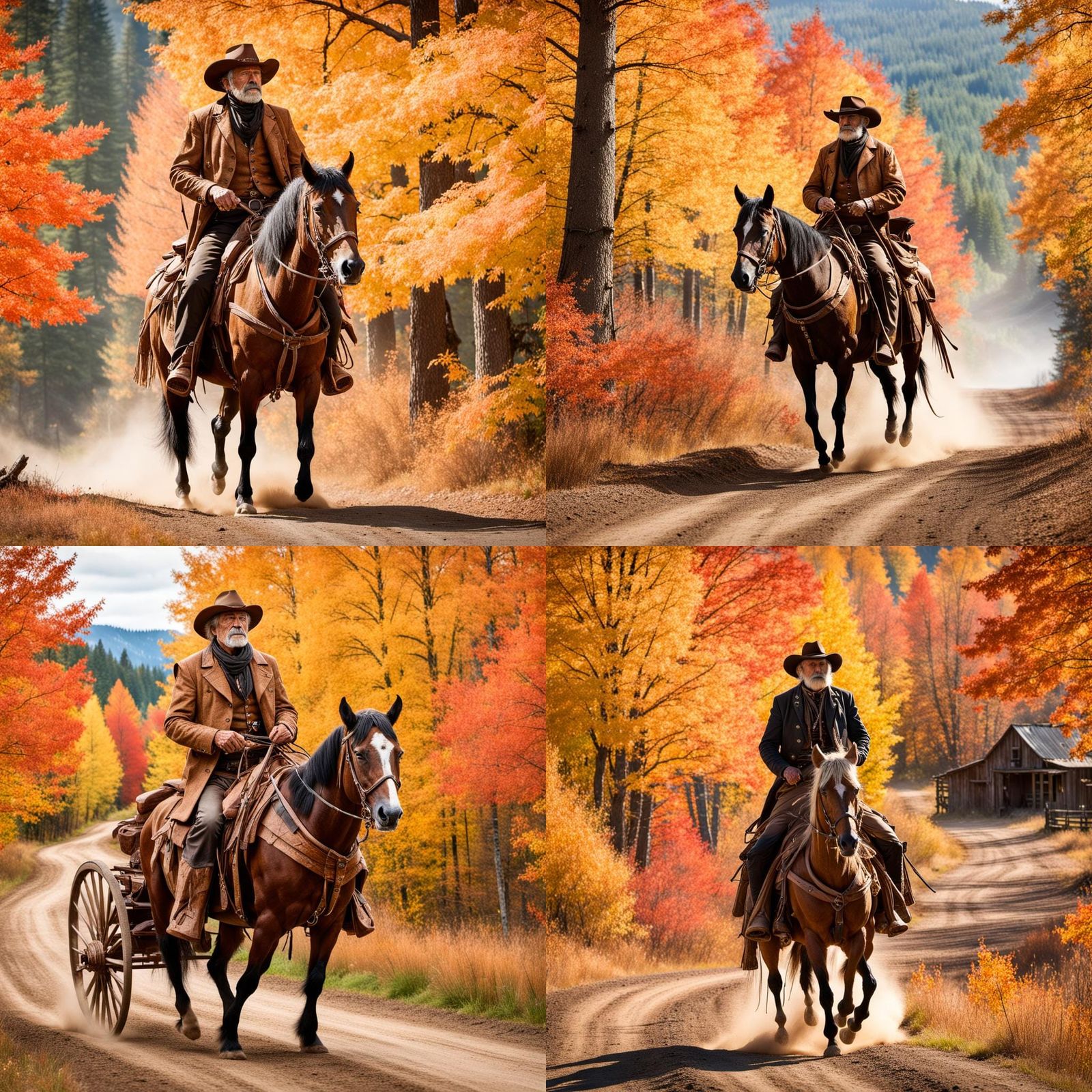 Cowboy Rides Through Maple Valley in Autumn