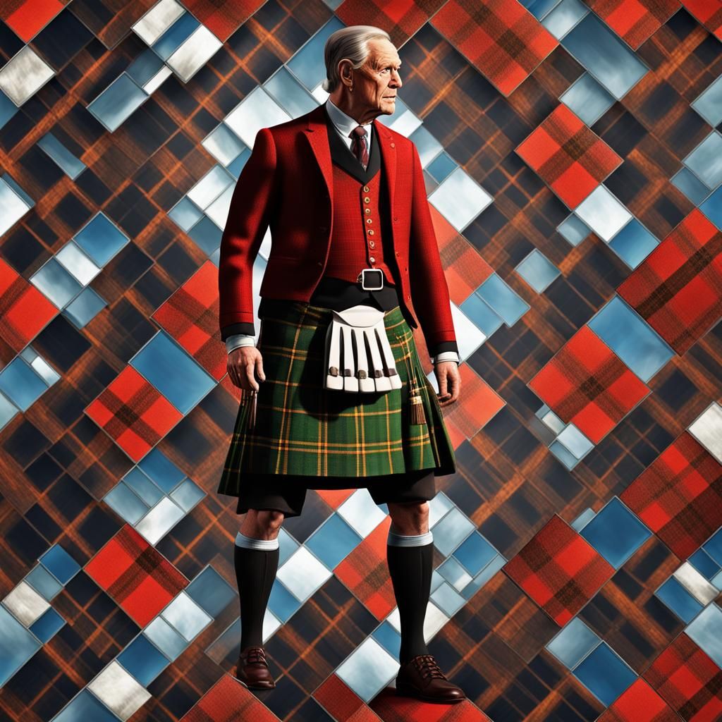 A man dressed in a kilt with a checkered pattern, precise, photorealism, masterpiece, cel-shaded, 64 megapixels, HDR, mi...