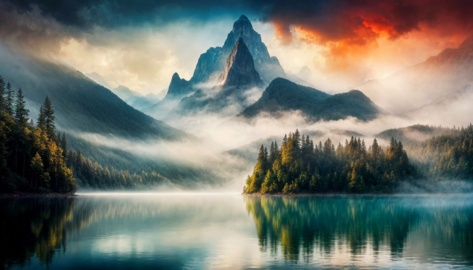Luminist Mountain Peaks Reflect in Tranquil Lake