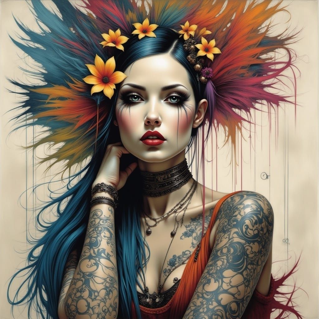 Rainbow Haired Woman with Tattoos in Digital Art Style