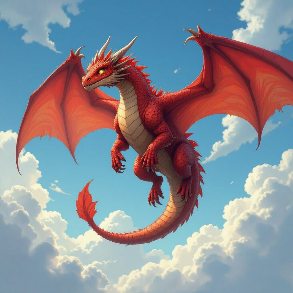 Radiant Red Dragon Soars Through Bright Sky