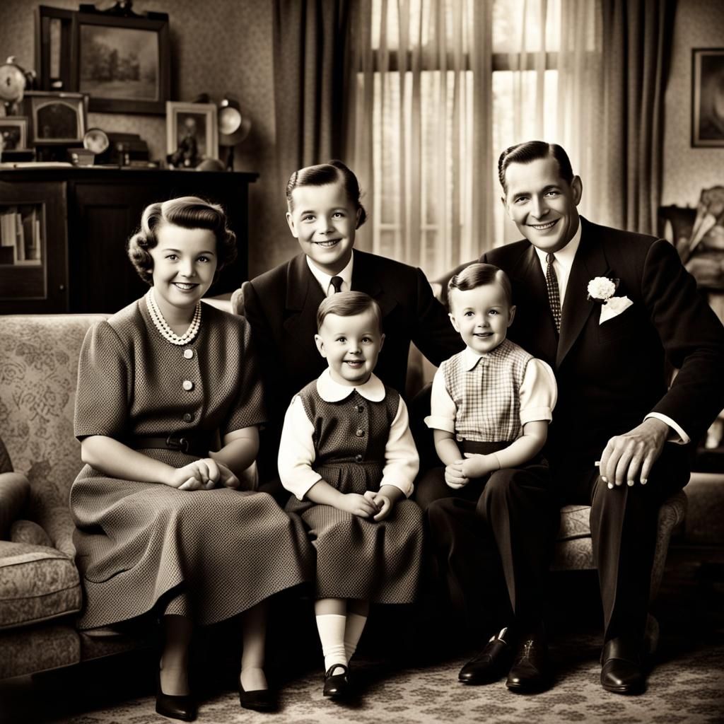 1950s Family in Cozy Living Room: Vintage Photo
