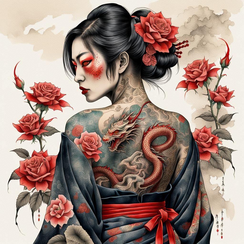 Japanese Woman with Dragon Tattoo in Ukiyo-e Style