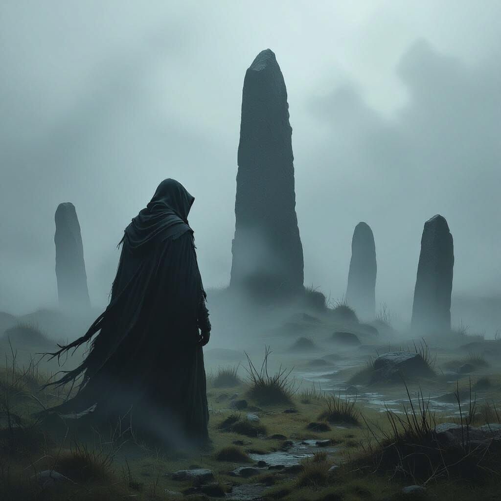 Mysterious Figure at Misty Moor with Stone Circle
