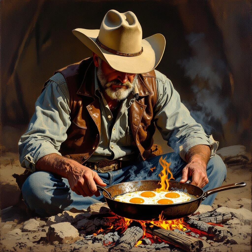 Cowboy at Campfire Contemplates Desert Breakfast